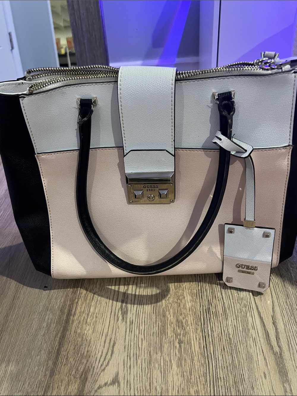 GUESS Tri-Color Satchel in White, Blush Pink & Black
